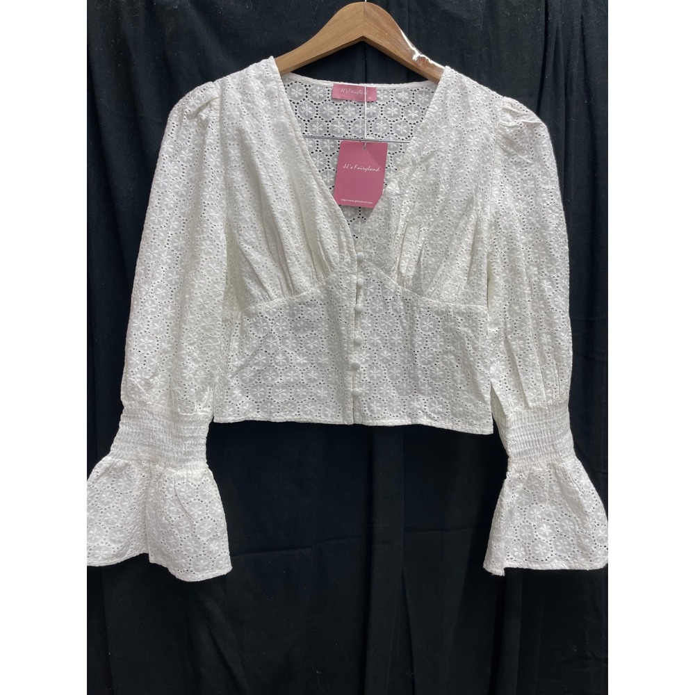 JJ's Fairyland White Eyelet Lace V-Neck Button Front Ruffle Cuff Blouse Sz M NWT